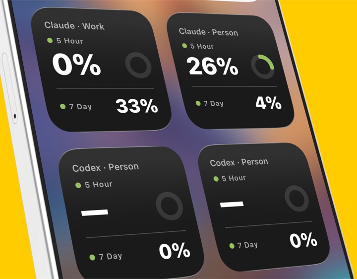 Quatre widgets Tokenman sur un écran d'accueil iPhone, chacun affichant les pourcentages 5 heures et 7 jours d'un compte.